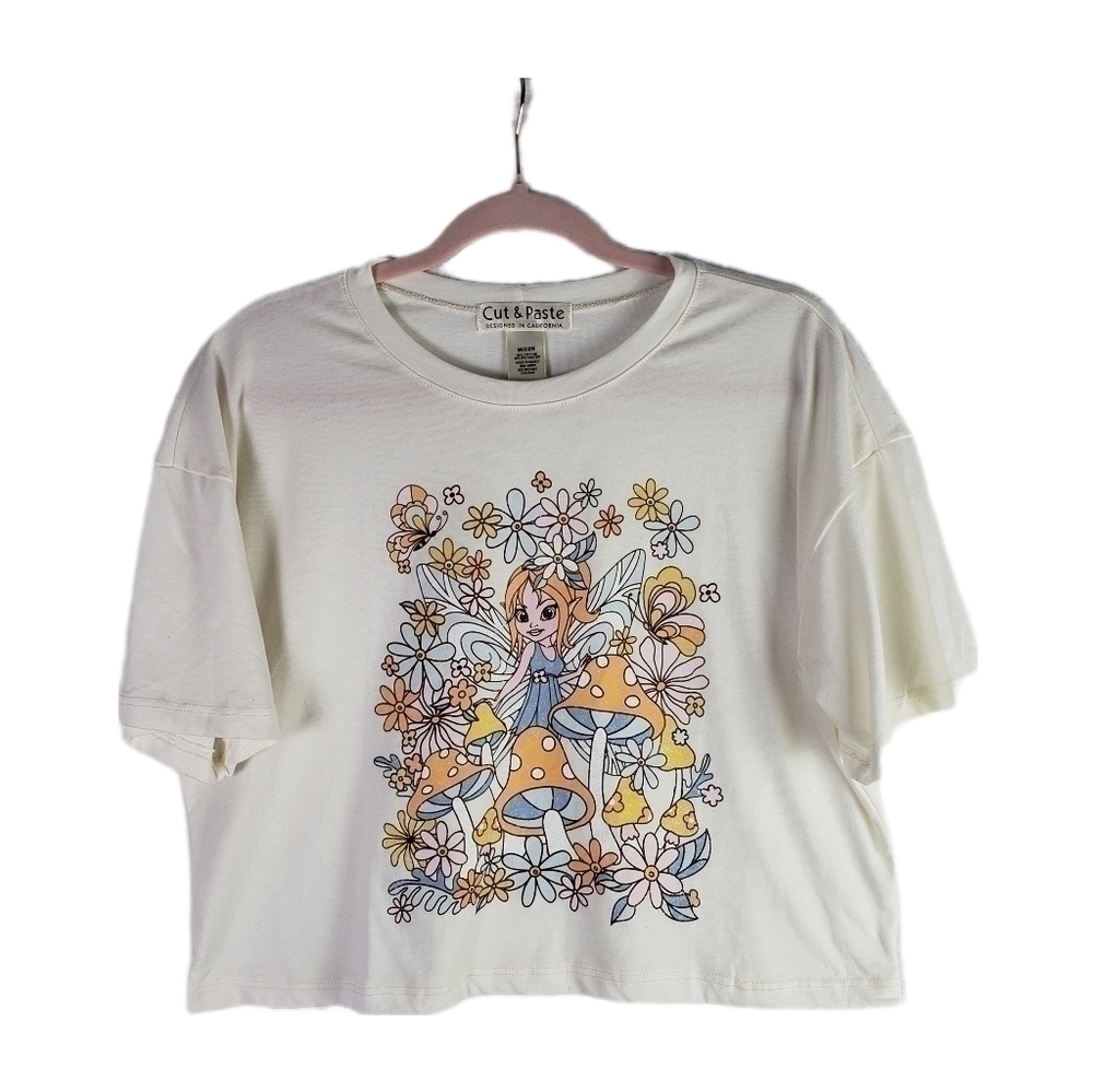 Cut & Paste Womans  Fairy in Mushroom Garden Mid drift t-shirt Size M